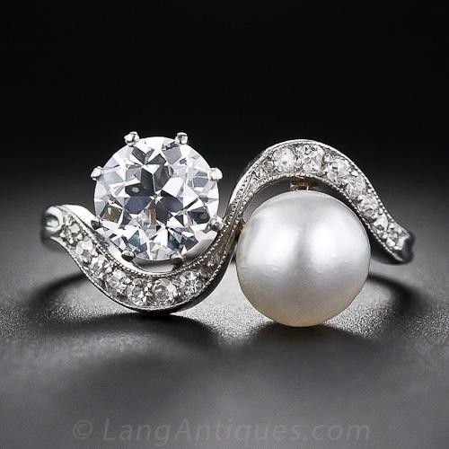 1.08 Carat Diamond and Natural Pearl Edwardian Twin Ring