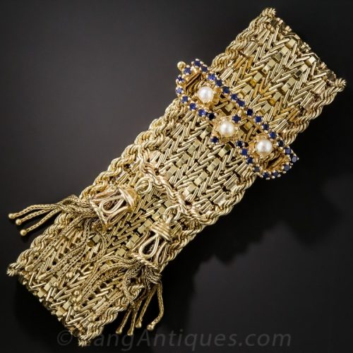 Slide Bracelet With Sapphire and Pearl Clasp, Mid-Century