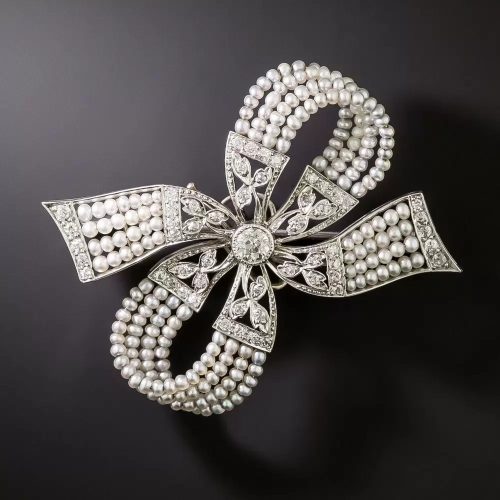 Edwardian Diamond and Pearl Bow Brooch.