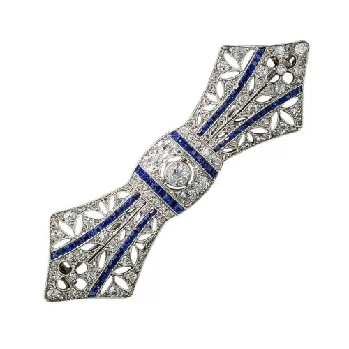 French Art Deco Diamond and Sapphire Bow Brooch.