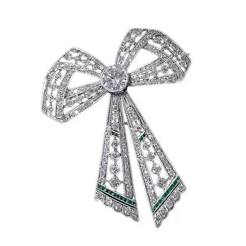 Edwardian Diamond and Emerald Bow Brooch.