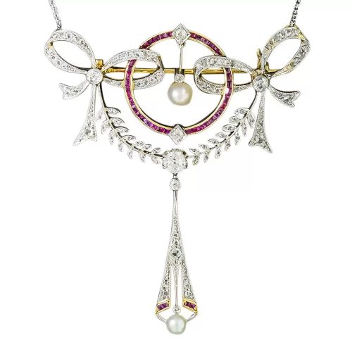 Edwardian Diamond, Ruby, and Pearl Bow Pendant.