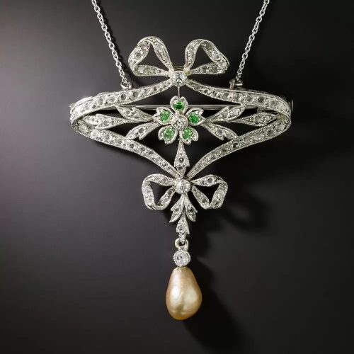 French Belle Epoque Diamond, Demantoid Garnet, and Natural Pearl Pendant/Brooch with Bows.