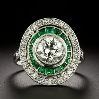 Art Deco 1.35 Carat Diamond and Emerald Halo Ring - GIA H SI1  - 2