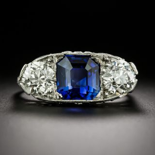 Art Deco 2.55 Carat Sapphire and Diamond Three-Stone Ring - GIA - 3