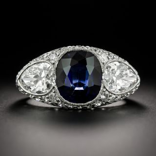 Art Deco 3.55 Carat Sapphire and Pear-Shaped Diamond Ring - GIA - 2