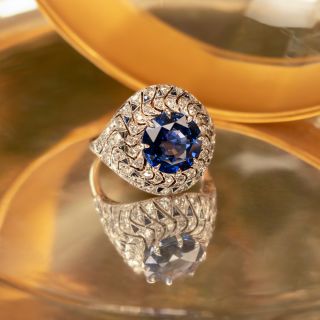 Art Deco 6.09 Carat Sapphire and Diamond Domed Ring