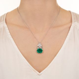 Art Deco 9.25 Carat Colombian Emerald and Diamond Pendant - GIA