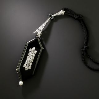 Art Deco Black Enamel, Diamond and Pearl Pendant Watch - 3