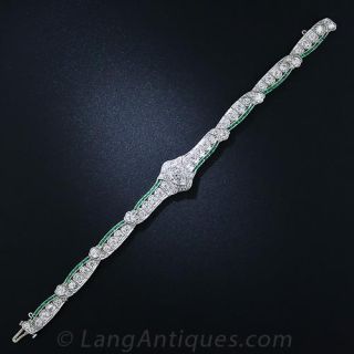 Art Deco Diamond, Calibre Emerald and Platinum Bracelet - 4
