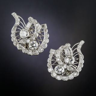 Art Deco Diamond Platinum Leaf Earrings - 1