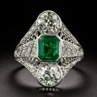 Art Deco Emerald and Diamond Three-Stone Dinner Ring - GIA - 2