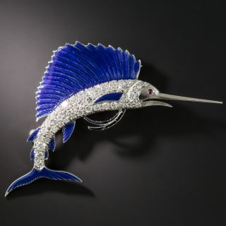 Art Deco Enamel and Diamond Sailfish Brooch - 5