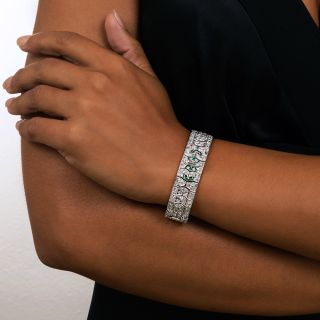 Art Deco Platinum Diamond Emerald Green Glass Bracelet