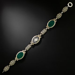 Art Deco Rock Crystal and Green Chalcedony Filigree Bracelet - 2