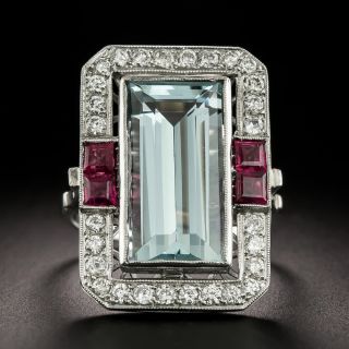 Art Deco-Style Aquamarine, Diamond and Ruby Ring - 3