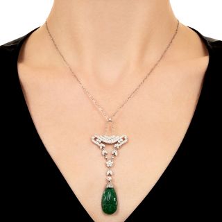 Art Deco-Style Carved Emerald and Diamond Necklace