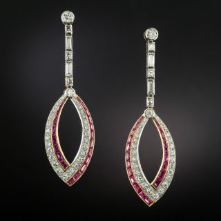 Art Deco Style Diamond And Ruby Long Drop Earrings - 2