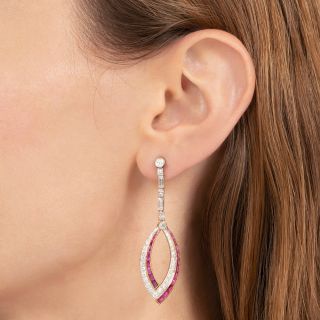 Art Deco Style Diamond And Ruby Long Drop Earrings