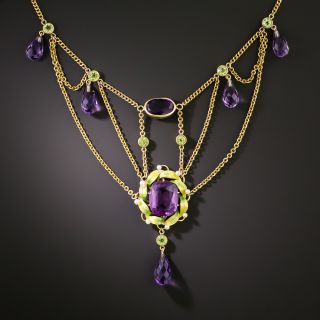 Art Nouveau Amethyst, Peridot and Natural Pearl Necklace - 3