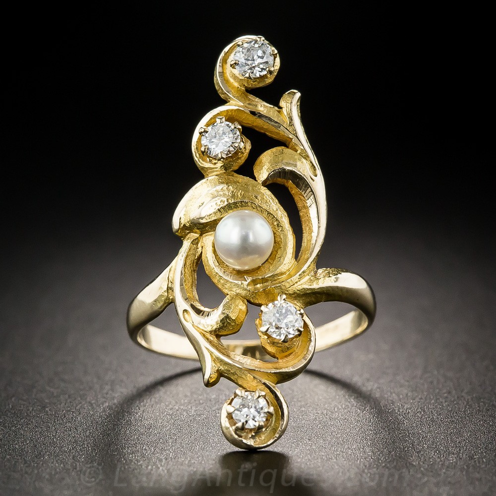 Art Nouveau Diamond and Pearl Dinner Ring