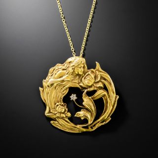 Art Nouveau Lady with Flower Diamond Pendant - 2