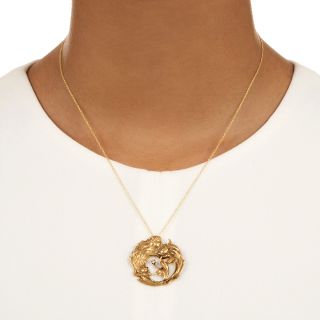 Art Nouveau Lady with Flower Diamond Pendant