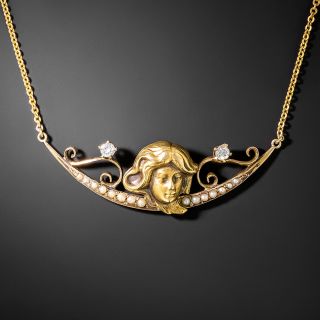 Art Nouveau Pearl and Diamond Crescent Necklace - 1