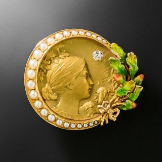 Art Nouveau Pearl and Enamel Femme Brooch by Krementz - 3
