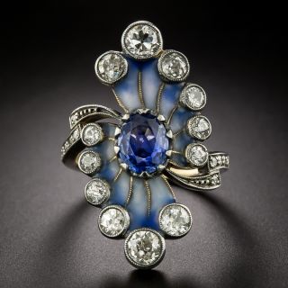 Art Nouveau-Style Sapphire and Diamond Enamel Ring - GIA - 2