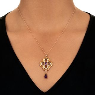 Arts & Crafts Amethyst and White Enamel Necklace, English