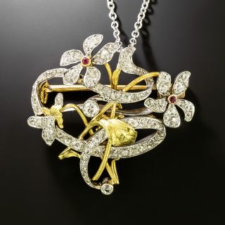 Belle Époque Diamond and Ruby Floral Brooch/Pendant, French - 2