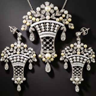 Belle Époque-Style Diamond, Pearl and Enamel Earring and Necklace Set - 1