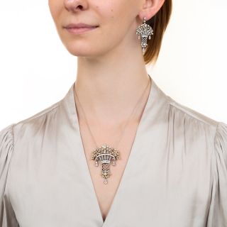 Belle Époque-Style Diamond, Pearl and Enamel Earring and Necklace Set