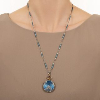 Blue Enamel and Diamond Pendant Watch - French, 1910
