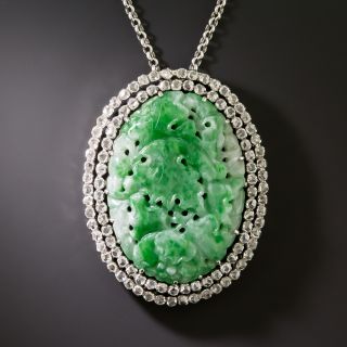 Carved Jade And Rose-Cut Diamond Halo Pendant - 2