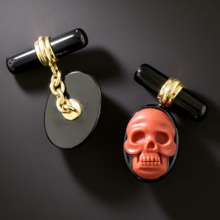 Coral Skull And Onyx Cuff Links