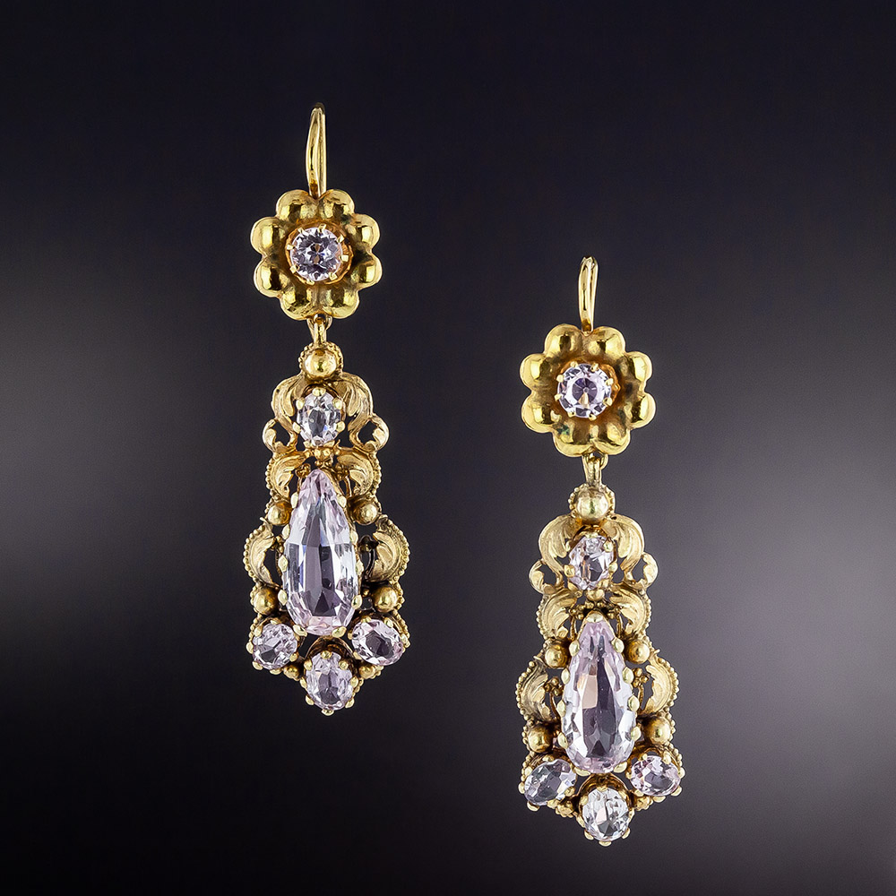 Early-Victorian Pink Topaz Dangle Earrings - GIA