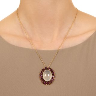 Edwardian 18K Moonstone And Rhodolite Garnet Pendant