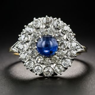 Edwardian Cabochon Sapphire and Double Diamond Halo Ring - 7