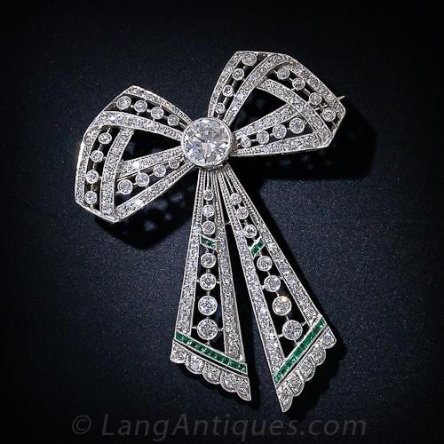 Edwardian Diamond and Emerald Bow Brooch