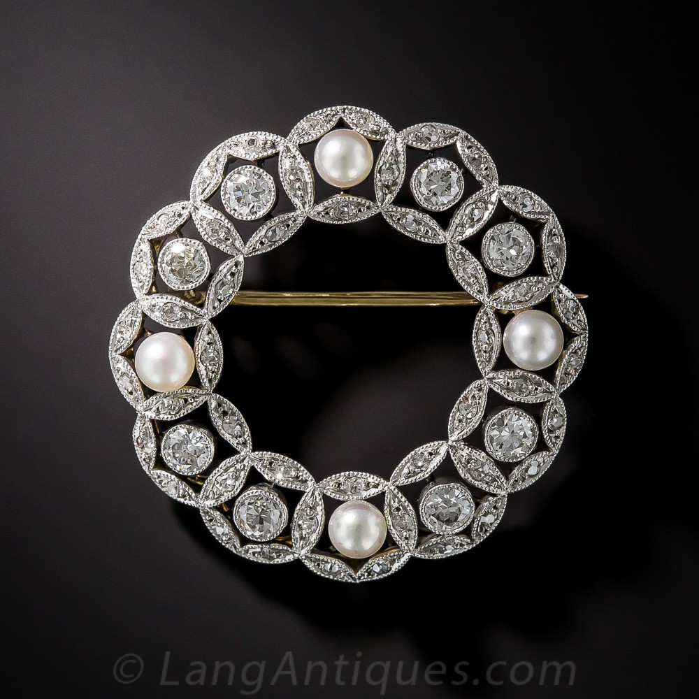 Edwardian Diamond and Natural Pearl Wreath Brooch