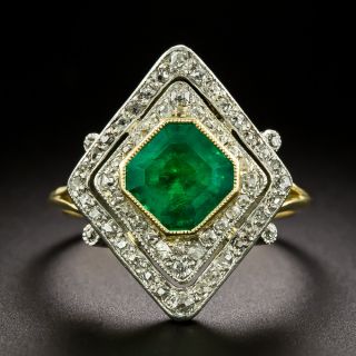 Edwardian Emerald and Diamond Lozenge-Shaped Ring - GIA F1 - 2