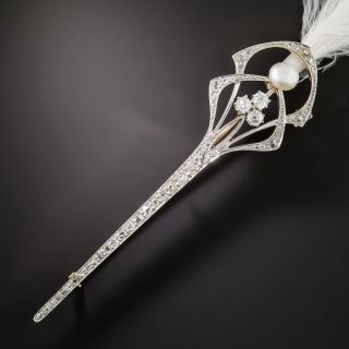 Edwardian Natural Pearl and Diamond Aigrette Pin - GIA  - 1