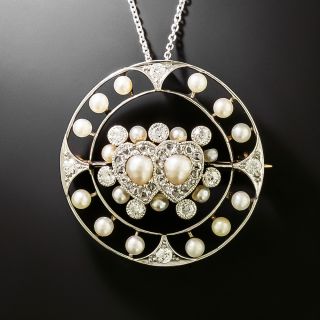 Edwardian Natural Pearl and Diamond Double-Heart Pendant/Brooch - 2