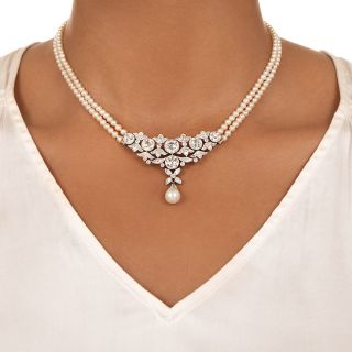 Edwardian Natural Pearl and Diamond Necklace/Brooch - GIA