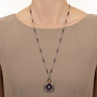 Edwardian Purple Enamel Pendant  Watch and Chain, Swiss
