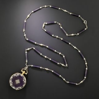 Edwardian Purple Enamel Pendant  Watch and Chain, Swiss - 6