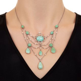 Edwardian Turquoise, Natural Pearl and Diamond Necklace