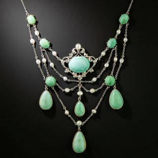 Edwardian Turquoise, Natural Pearl and Diamond Necklace - 2